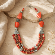 Front view of Coral Agate Elephant Multi-Strand Necklace handcrafted by Pathrohi