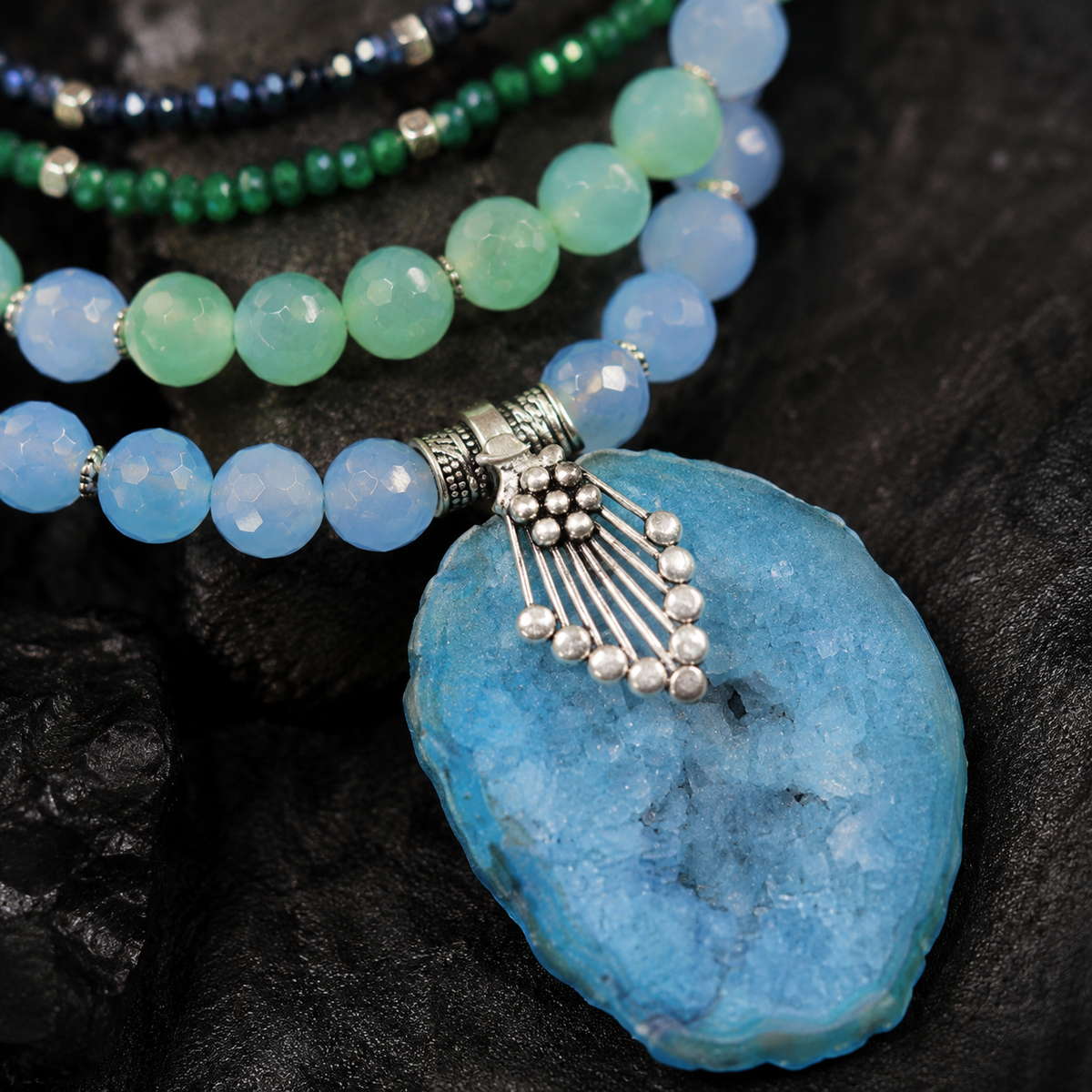 Detailed view of Blue Agate Five-Layer Pendant Necklace showing stone and bead arrangement