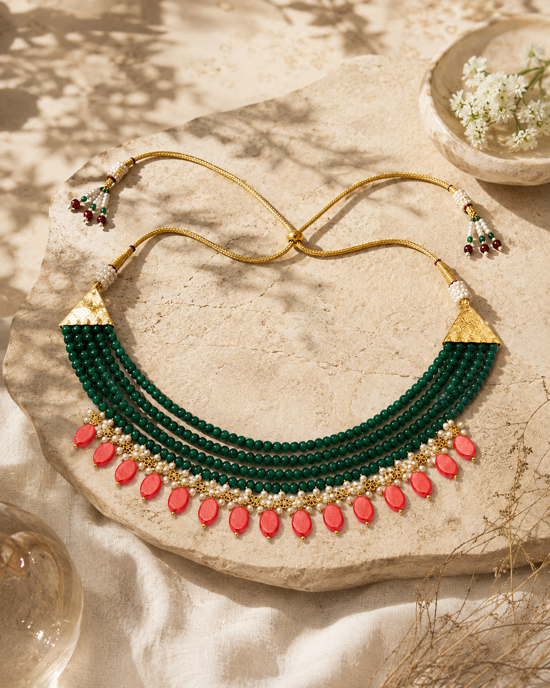 Maragatha Green & Coral Agate Choker – view 3 | Pathrohi