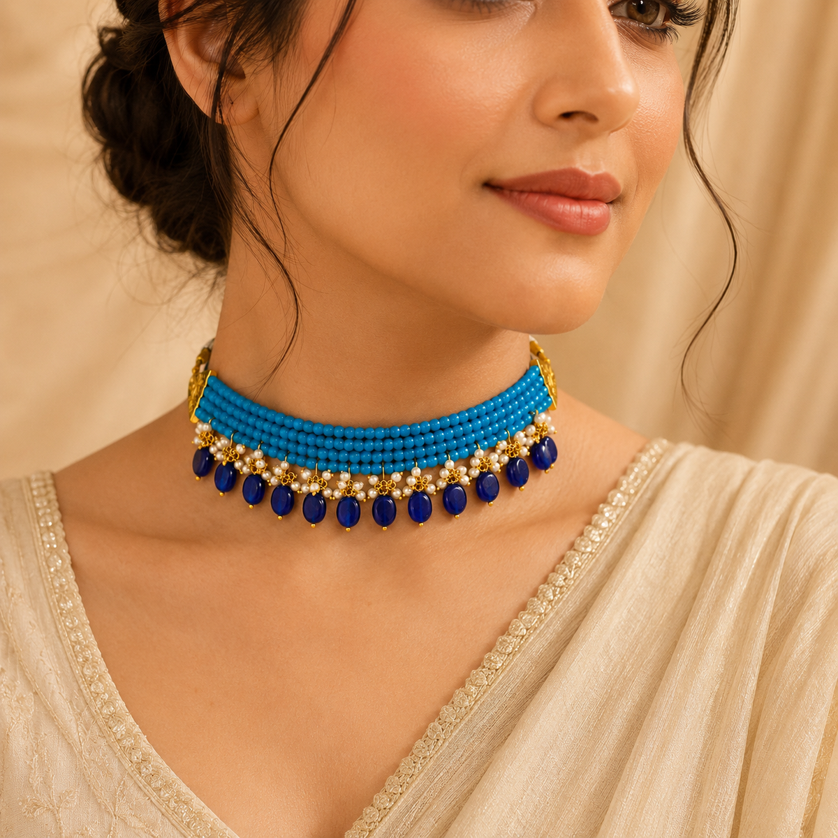 Firoza Blue & Navy Oval-Drop Agate Choker – view 1 | Pathrohi