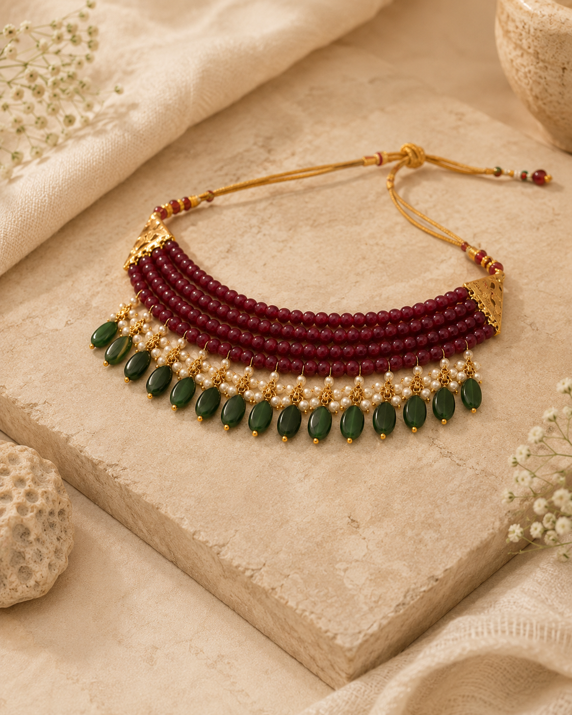 Ruby Rose & Emerald Oval-Drop Agate Choker – view 10 | Pathrohi