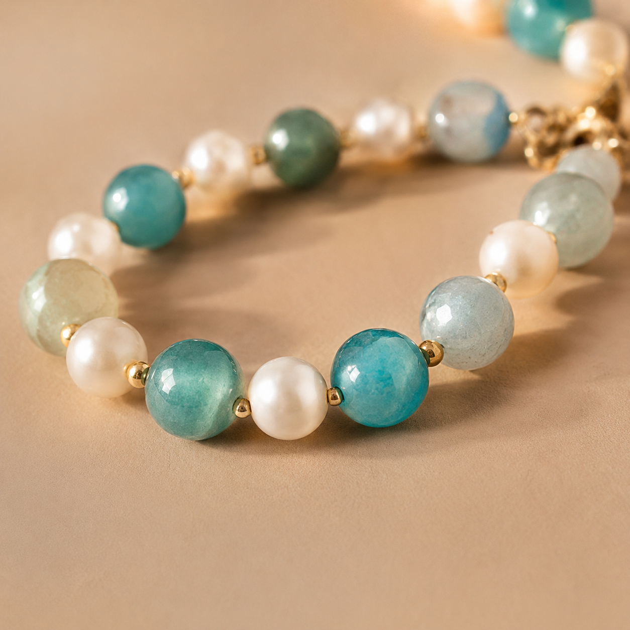 Detailed view of Aqua Agate & Semi-Cultured Pearl Beaded Necklace showing stone and bead arrangement