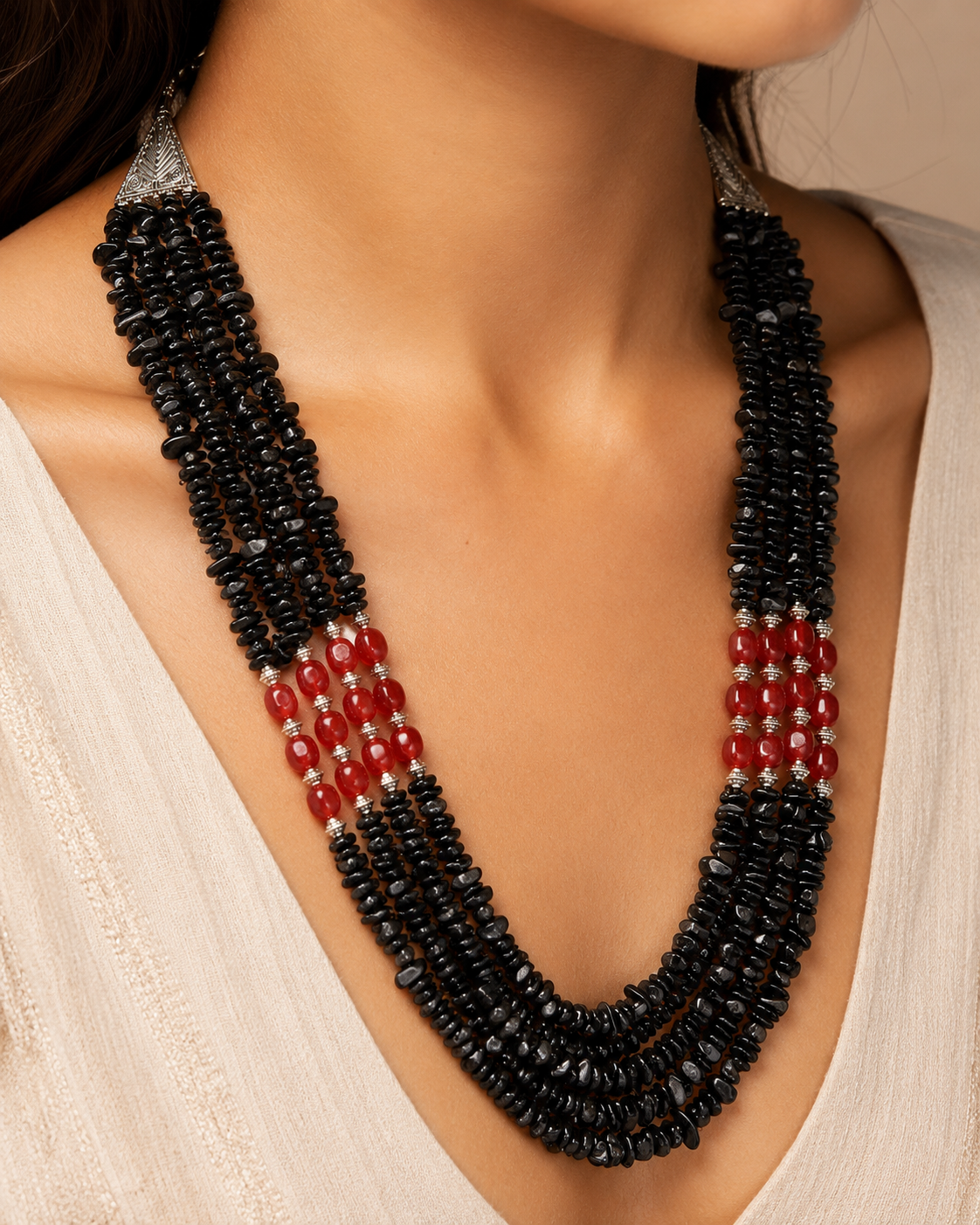 Detailed view of Black & Red Agate Three-Layer Necklace showing stone and bead arrangement