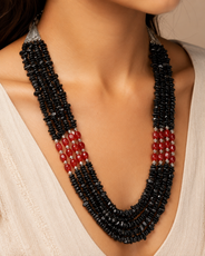 Detailed view of Black & Red Agate Three-Layer Necklace showing stone and bead arrangement