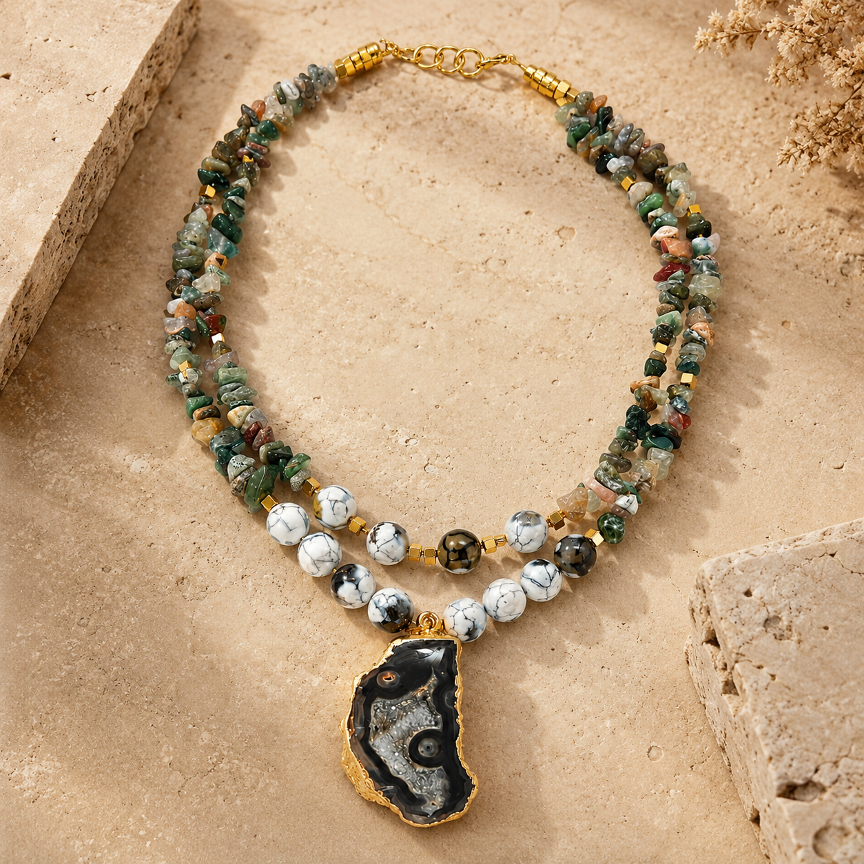 Front view of Moss Agate Druzzy Slice Layered Necklace handcrafted by Pathrohi