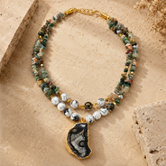 Front view of Moss Agate Druzzy Slice Layered Necklace handcrafted by Pathrohi