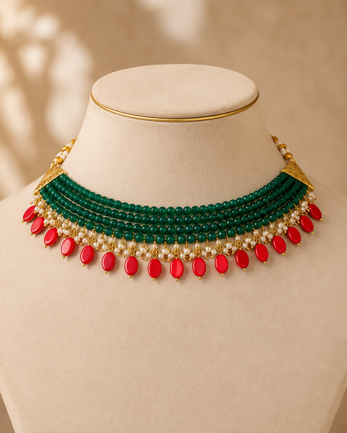 Maragatha Green & Coral Agate Choker – view 1 | Pathrohi