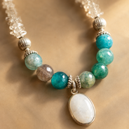 Detailed view of Clear Stone & Aqua Agate Drop Necklace showing stone and bead arrangement