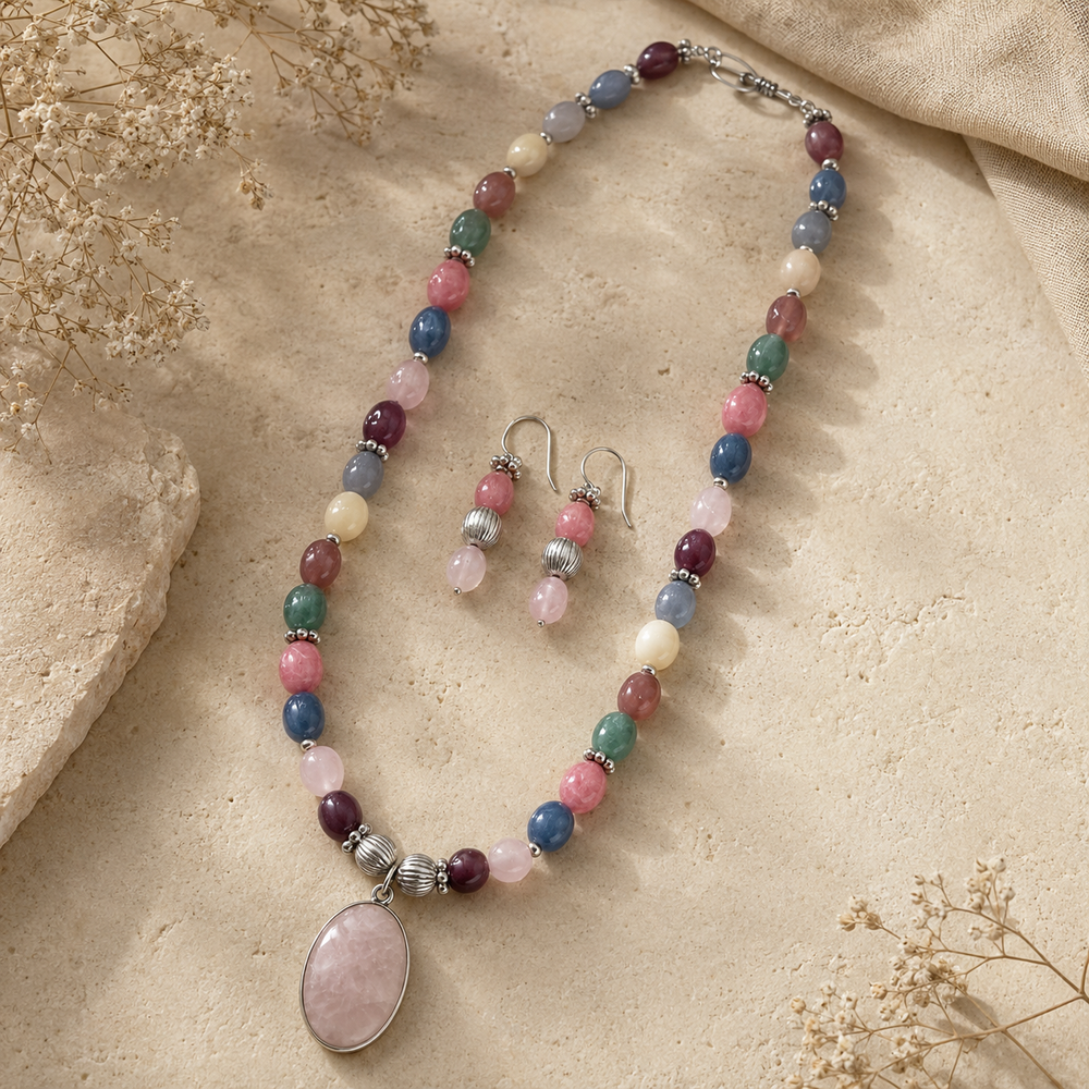 Front view of Pastel Rose Quartz Multicolour Set handcrafted by Pathrohi