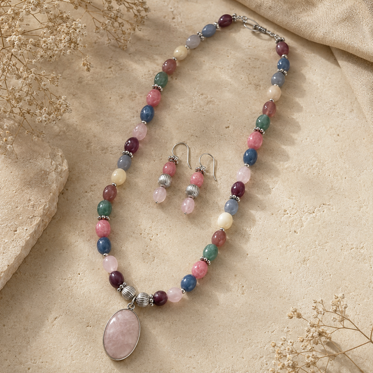 Front view of Pastel Rose Quartz Multicolour Set handcrafted by Pathrohi