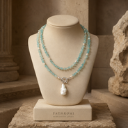 Full view of Aqua Agate & Semi-Cultured Pearl Double-Strand Drop Necklace showing necklace proportions