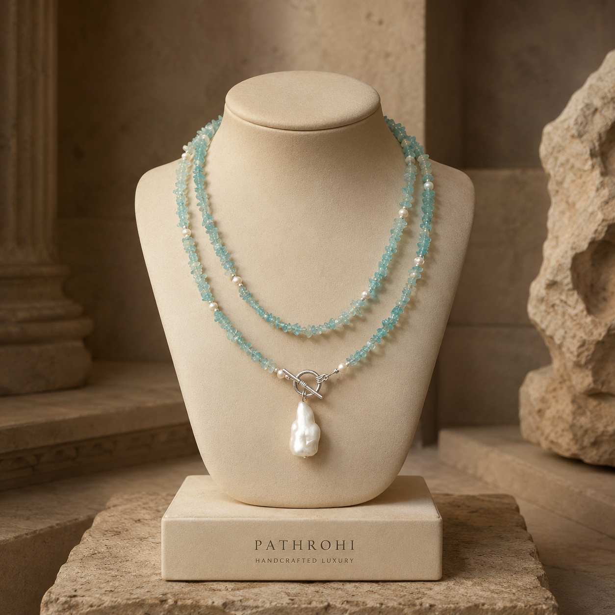 Full view of Aqua Agate & Semi-Cultured Pearl Double-Strand Drop Necklace showing necklace proportions