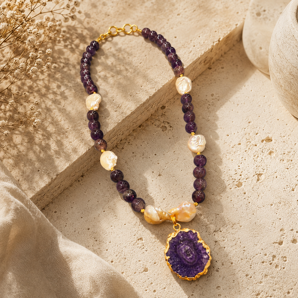 Violet Pearl Amethyst Geode Pendant Necklace – view 9 | Pathrohi