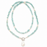 Close-up view of Aqua Agate & Semi-Cultured Pearl Double-Strand Drop Necklace showing handcrafted details