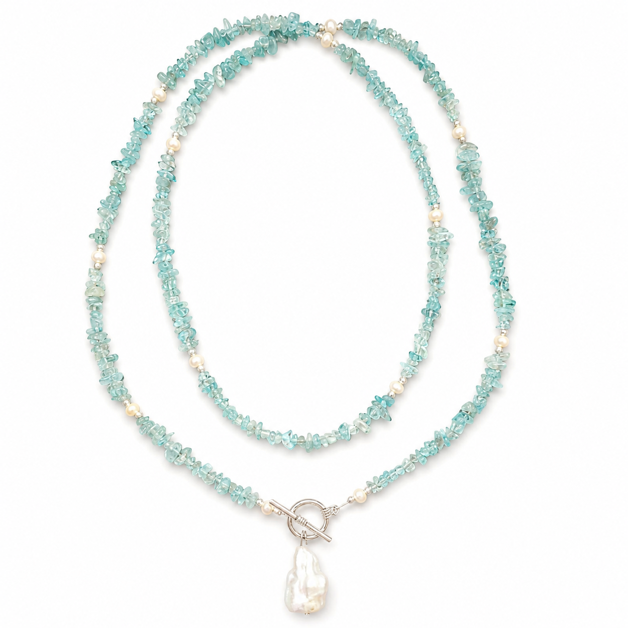 Close-up view of Aqua Agate & Semi-Cultured Pearl Double-Strand Drop Necklace showing handcrafted details