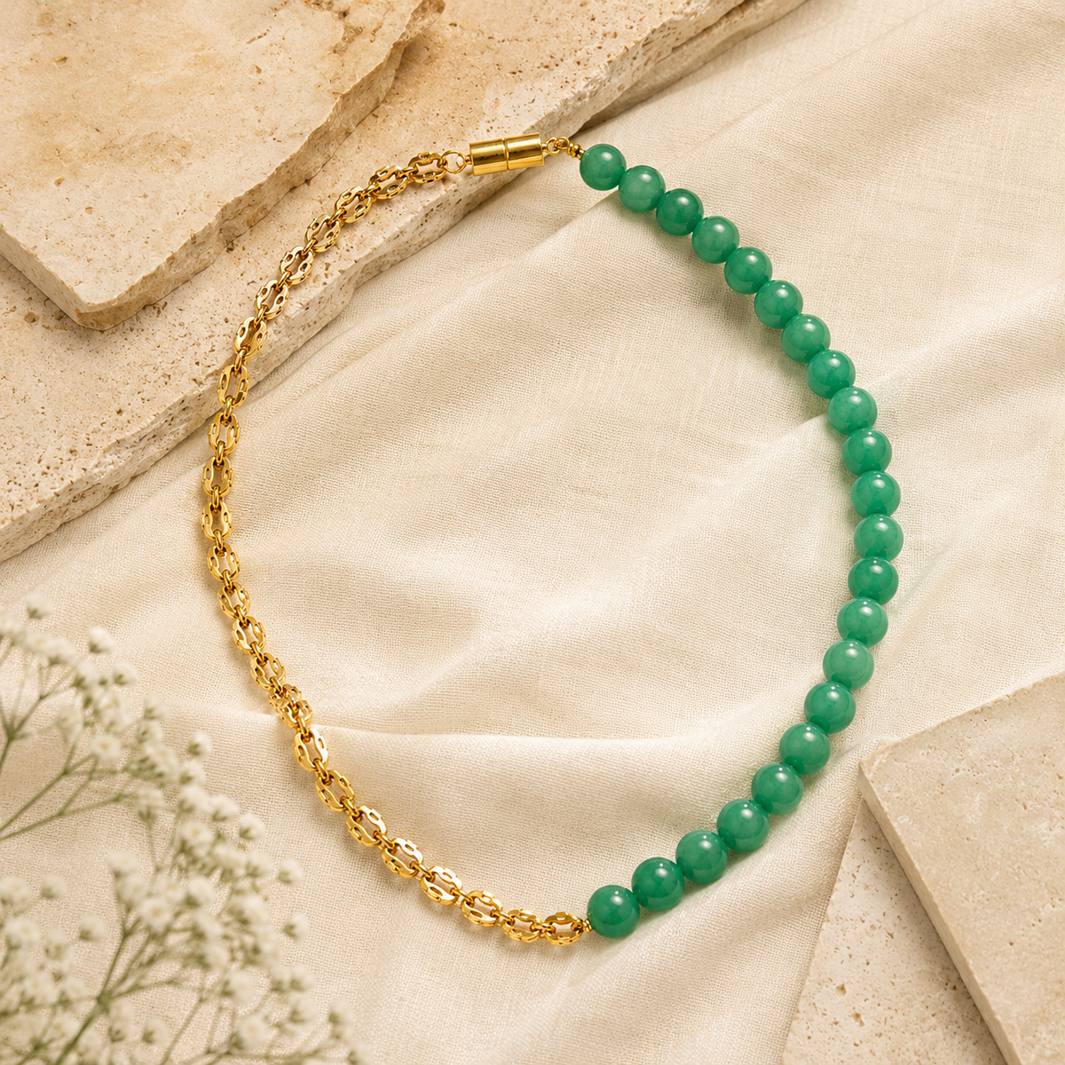 Detailed view of Green Agate Half-Chain Bead Necklace showing stone and bead arrangement