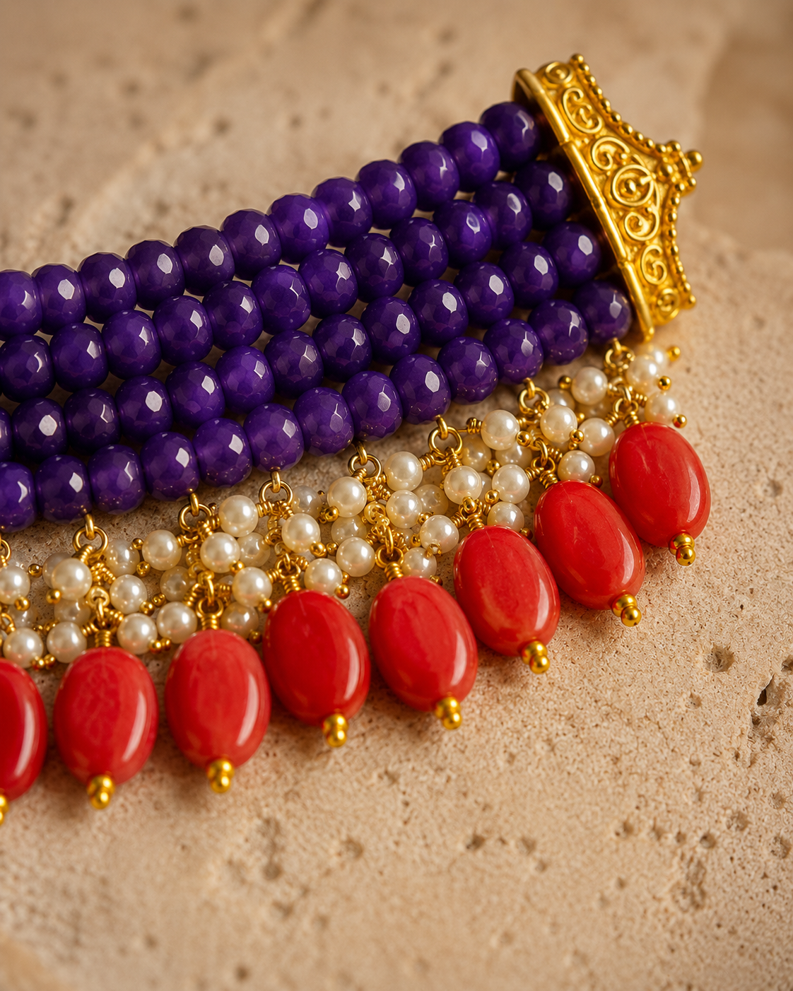Amethyst Violet & Coral Oval-Drop Agate Choker – view 5 | Pathrohi