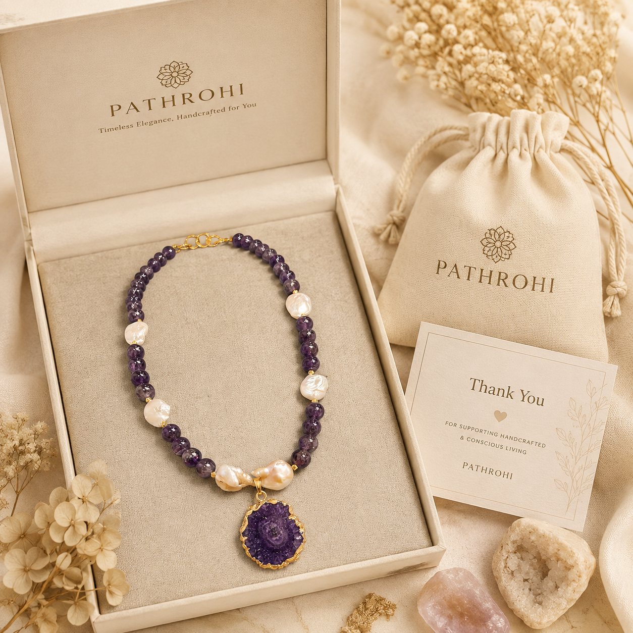 Violet Pearl Amethyst Geode Pendant Necklace – view 4 | Pathrohi