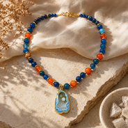 Additional styling view of Cobalt Blue Agate Slice Pendant Necklace by Pathrohi