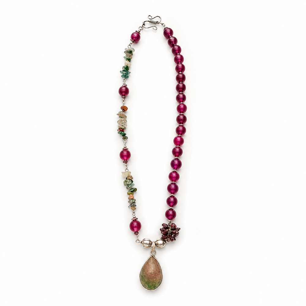 Close-up view of Fuchsia Garden Agate Pendant Necklace showing handcrafted details