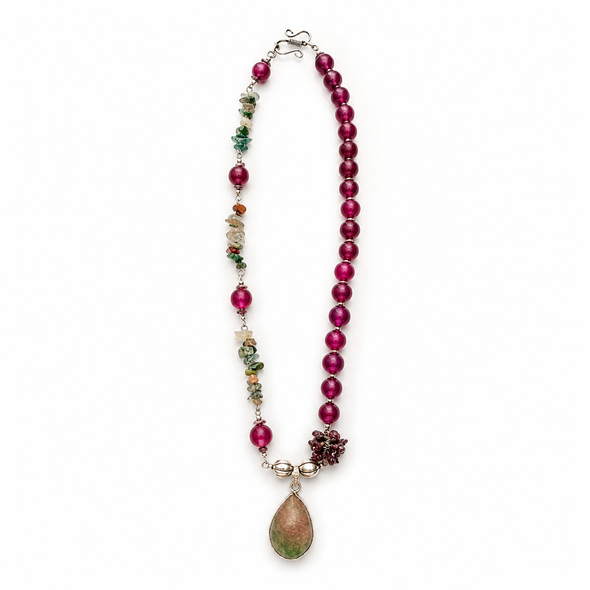 Close-up view of Fuchsia Garden Agate Pendant Necklace showing handcrafted details