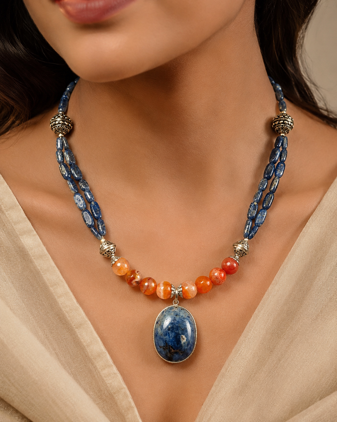 Close-up of Blue & Orange Agate Oval Pendant Necklace showing pendant and finishing details