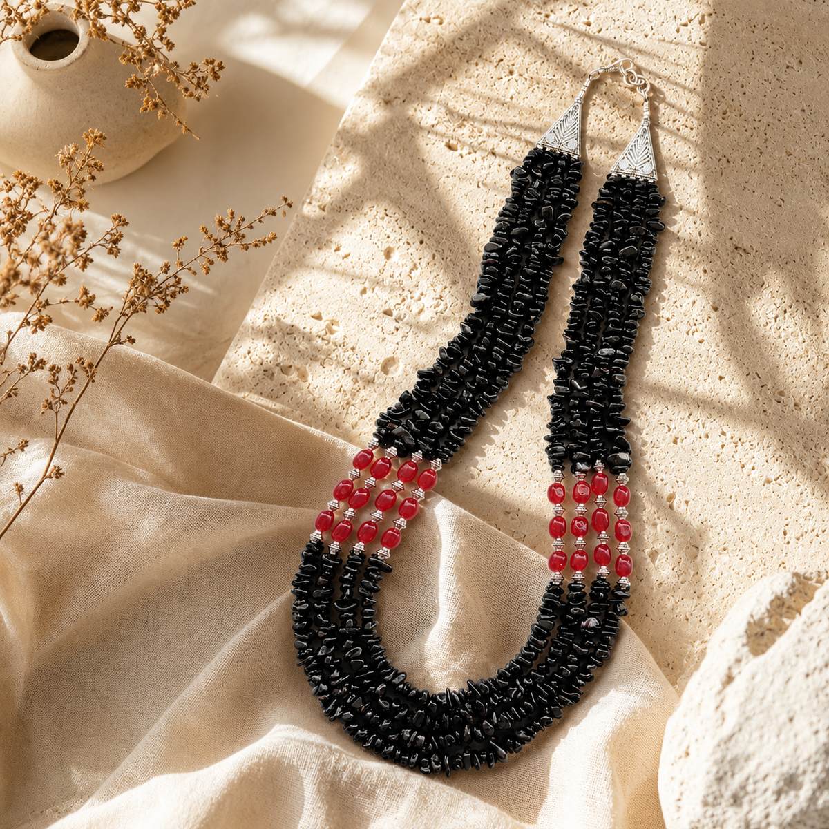 Front view of Black & Red Agate Three-Layer Necklace handcrafted by Pathrohi