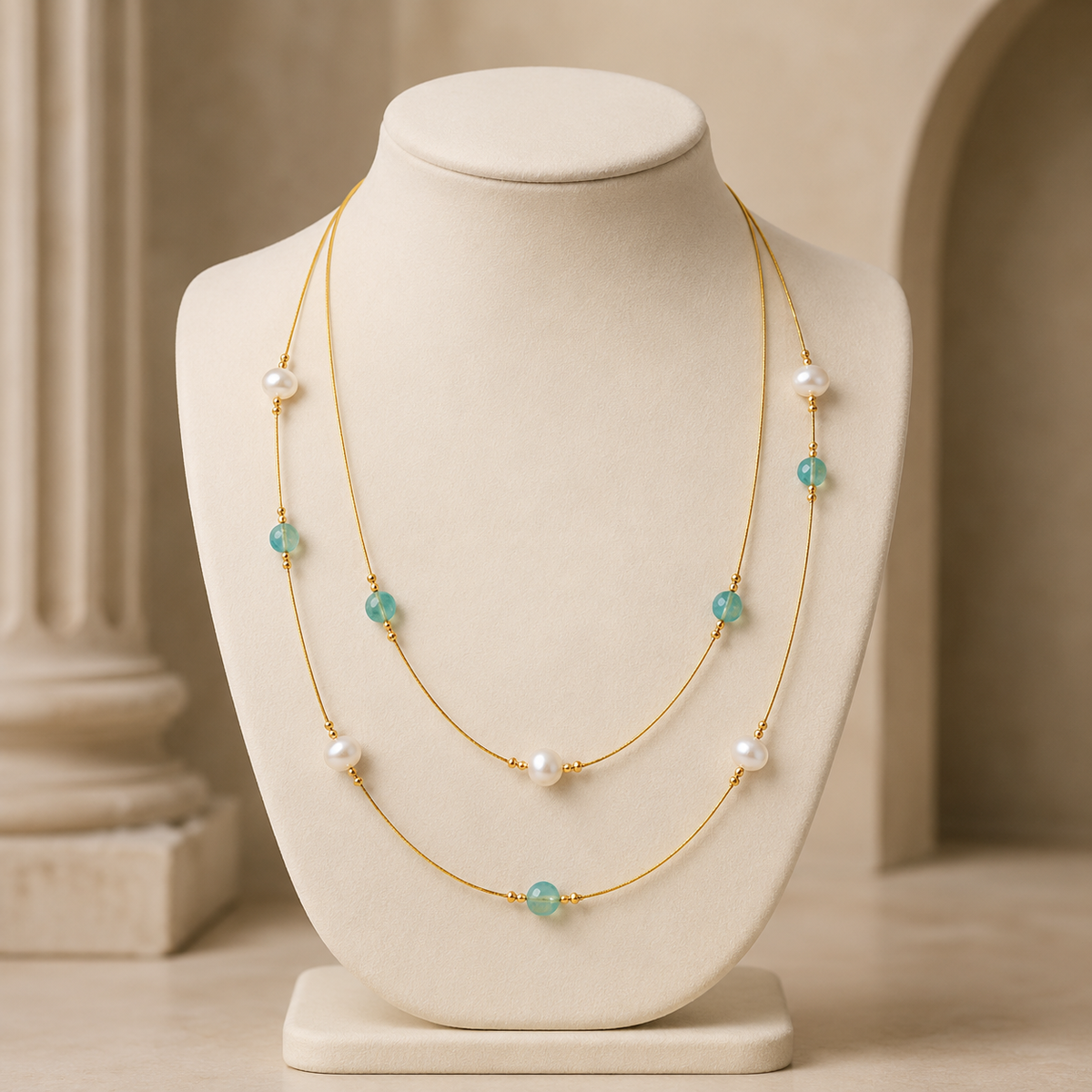Full view of Aqua Pearl Double-Strand Wire Necklace showing necklace proportions