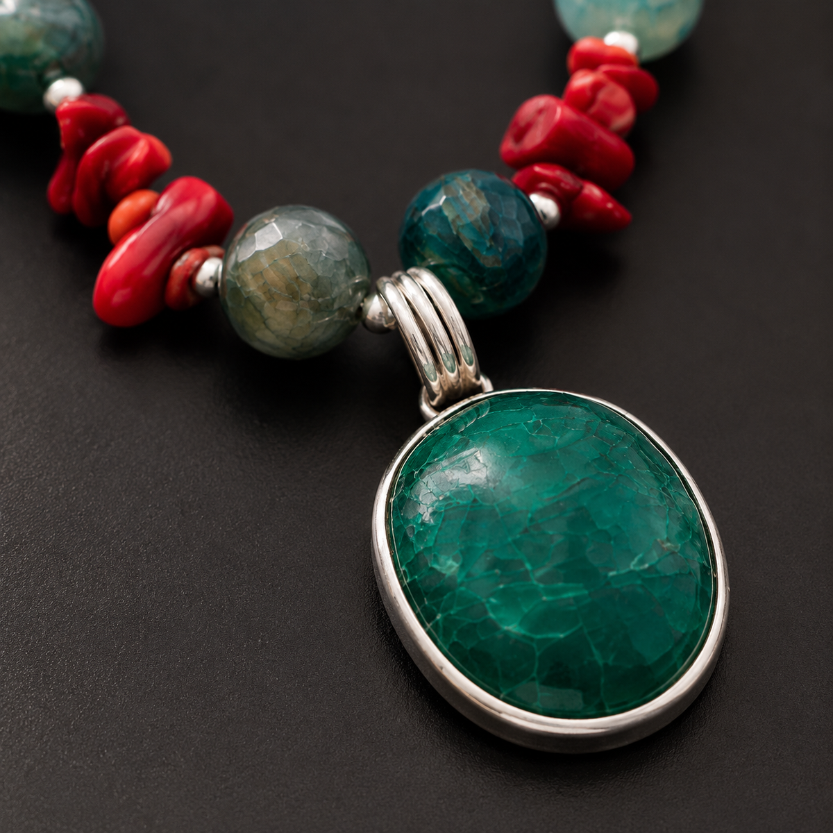 Detailed view of Coral Turquoise Agate Pendant Set showing stone and bead arrangement