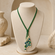 Full view of Green Agate Cascade Tassel Necklace showing necklace proportions