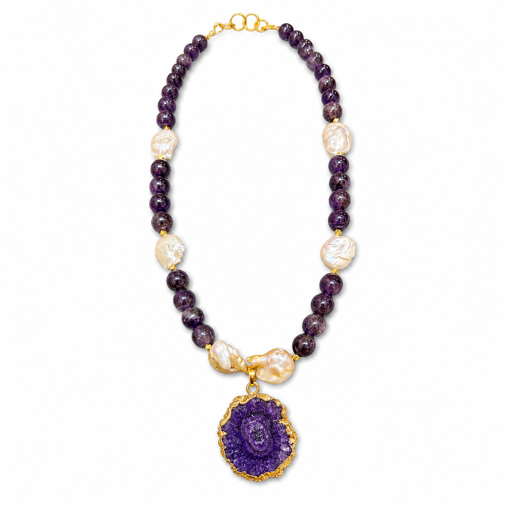Violet Pearl Amethyst Geode Pendant Necklace – view 6 | Pathrohi