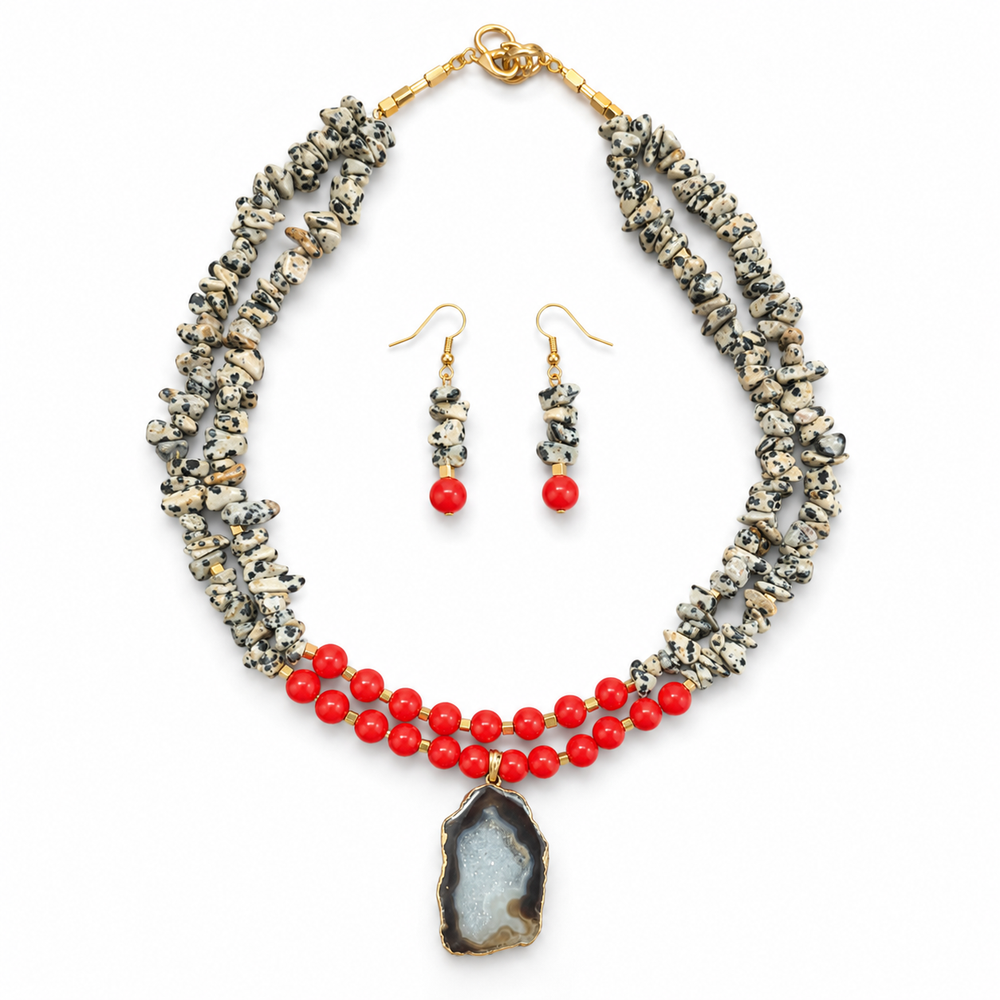 Close-up view of Scarlet Speckled Agate Slice Necklace Set showing handcrafted details
