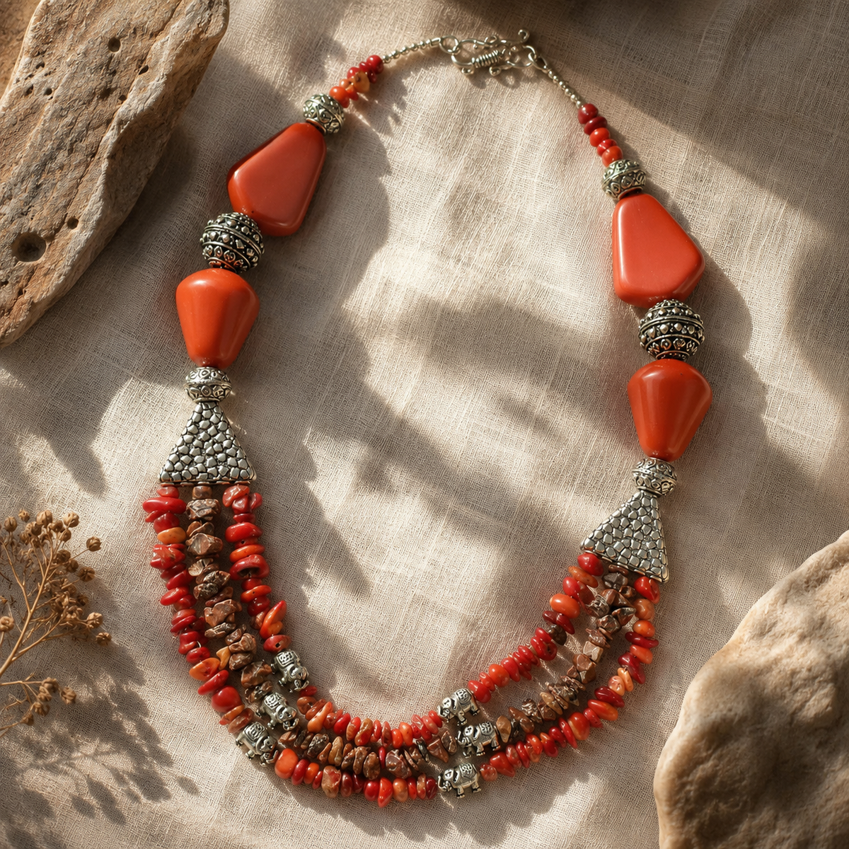 Additional styling view of Coral Agate Elephant Multi-Strand Necklace by Pathrohi
