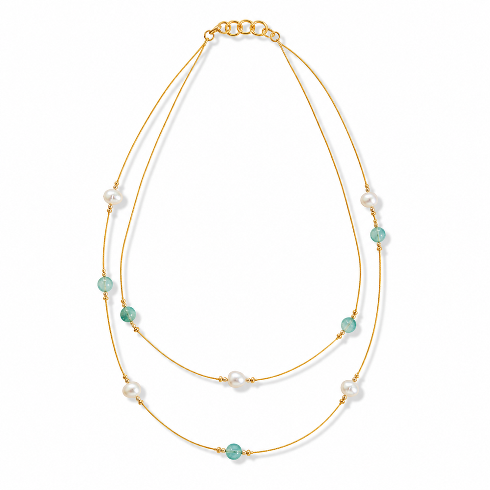 Close-up view of Aqua Pearl Double-Strand Wire Necklace showing handcrafted details
