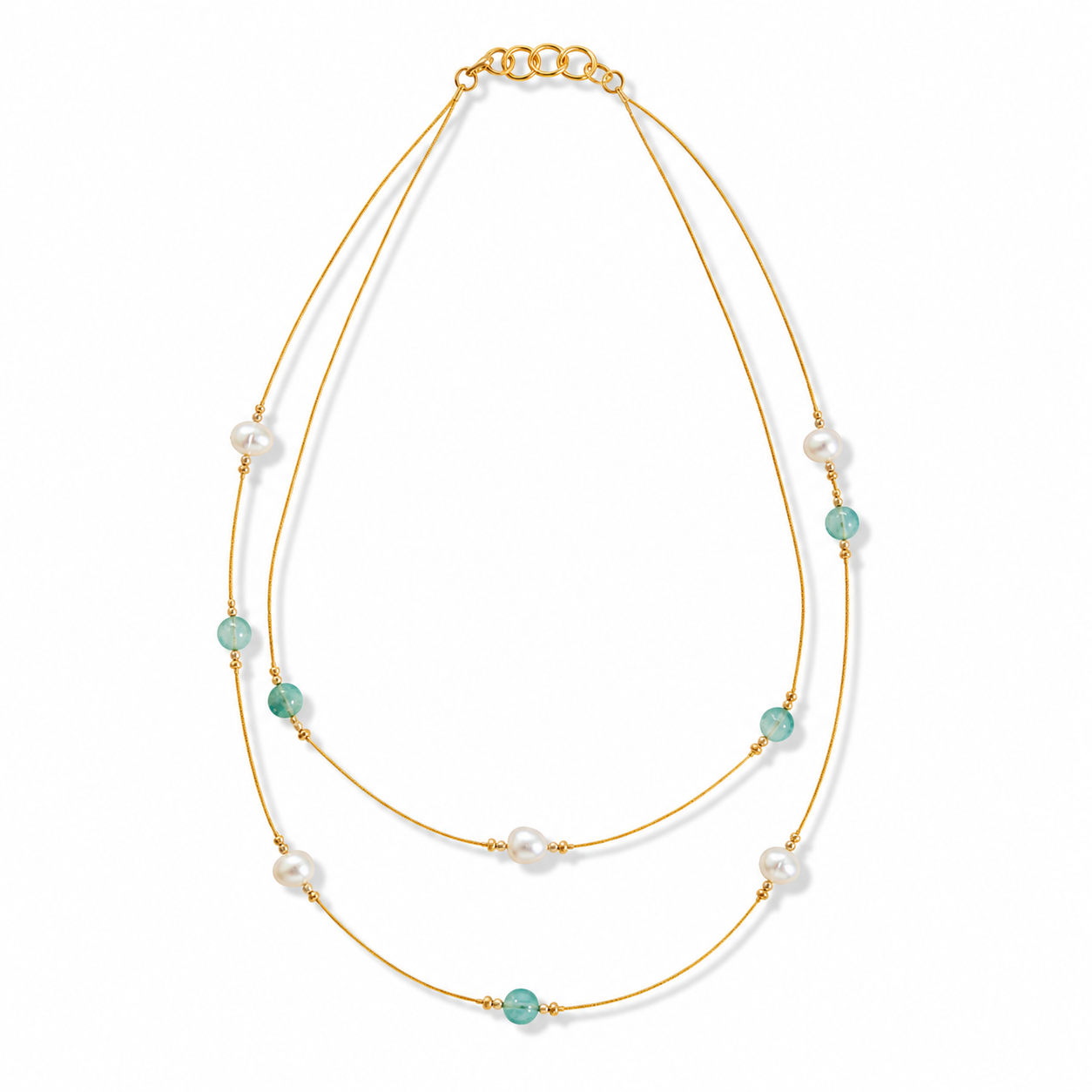 Close-up view of Aqua Pearl Double-Strand Wire Necklace showing handcrafted details