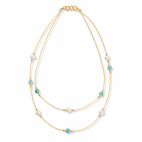 Close-up view of Aqua Pearl Double-Strand Wire Necklace showing handcrafted details