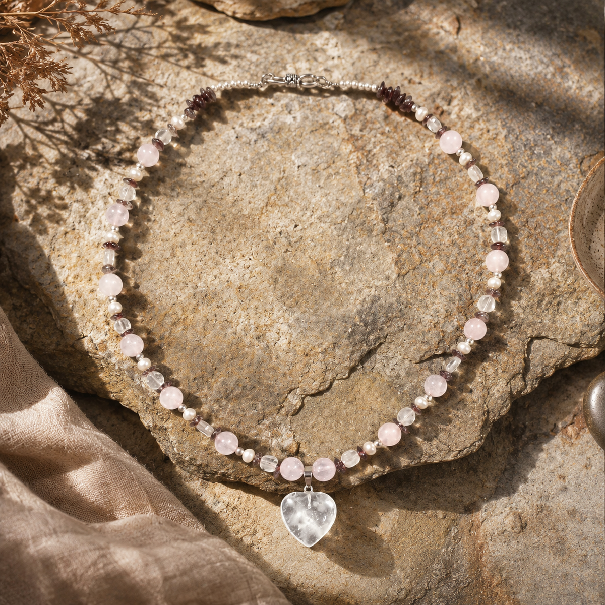 Additional styling view of Blush Agate Heart Pendant Necklace by Pathrohi