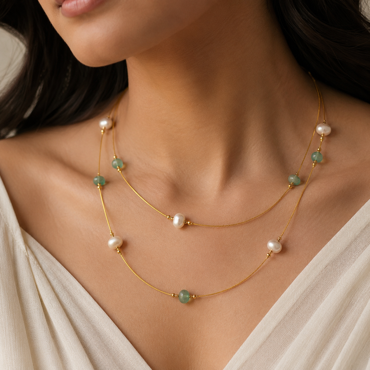 Close-up of Aqua Pearl Double-Strand Wire Necklace showing pendant and finishing details
