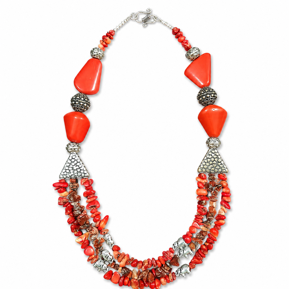 Close-up view of Coral Agate Elephant Multi-Strand Necklace showing handcrafted details
