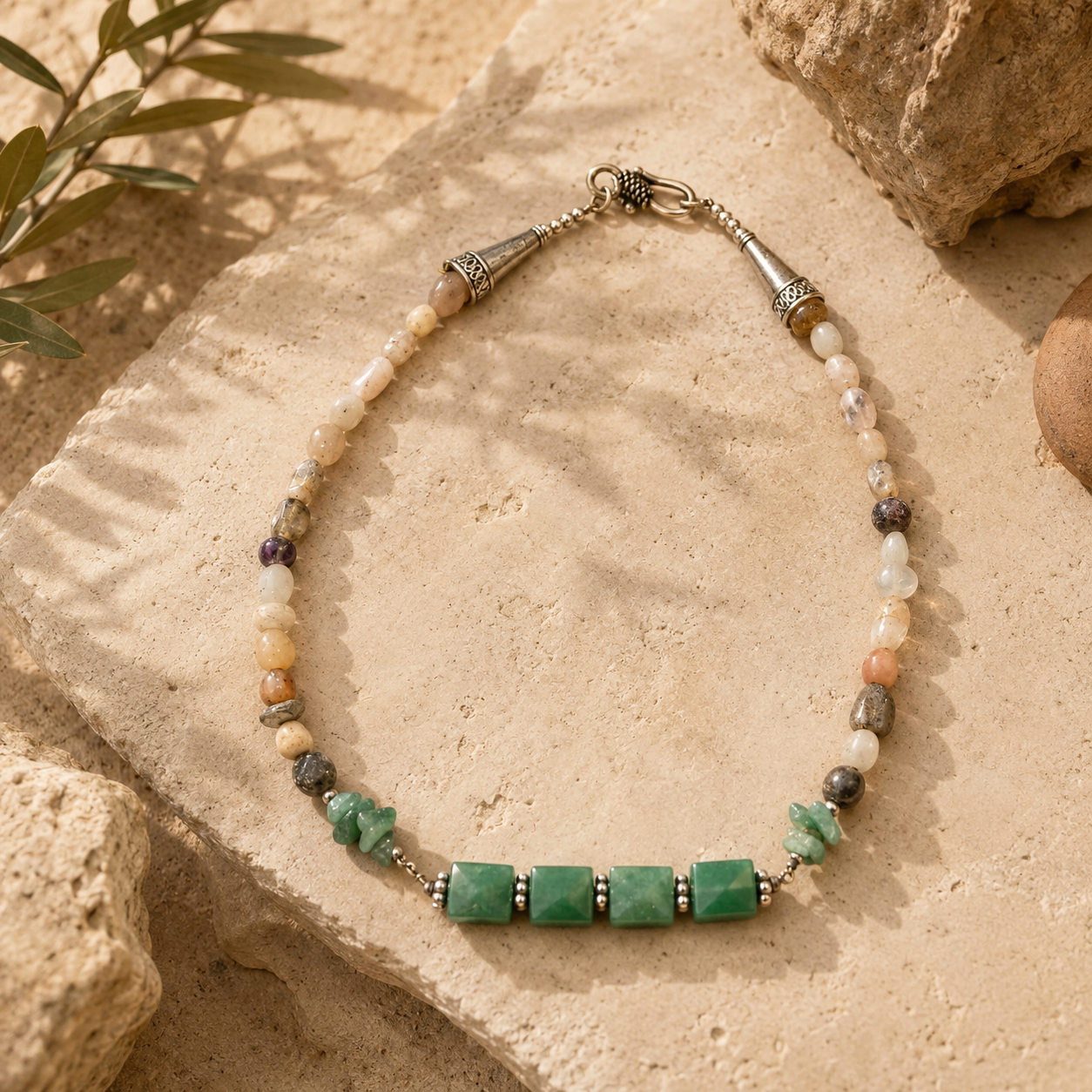 Front view of Aventurine Mosaic Oxidised Necklace handcrafted by Pathrohi