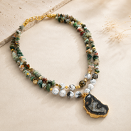 Angled view of Moss Agate Druzzy Slice Layered Necklace handcrafted by Pathrohi
