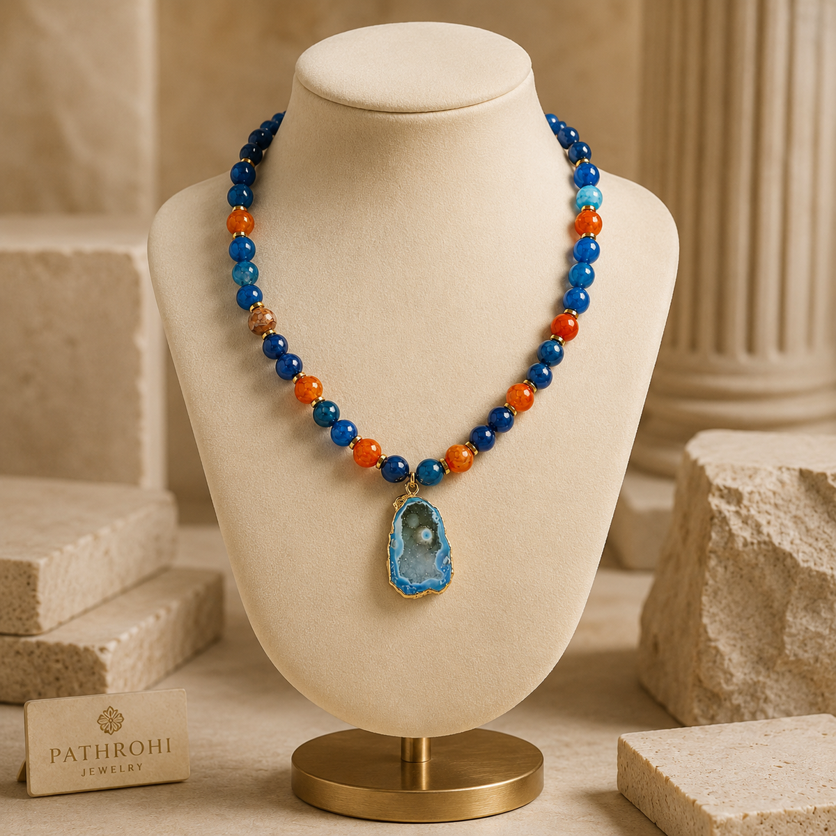 Full view of Cobalt Blue Agate Slice Pendant Necklace showing necklace proportions