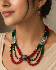 Angled view of Ruby Green Multi-Layer Statement Set handcrafted by Pathrohi