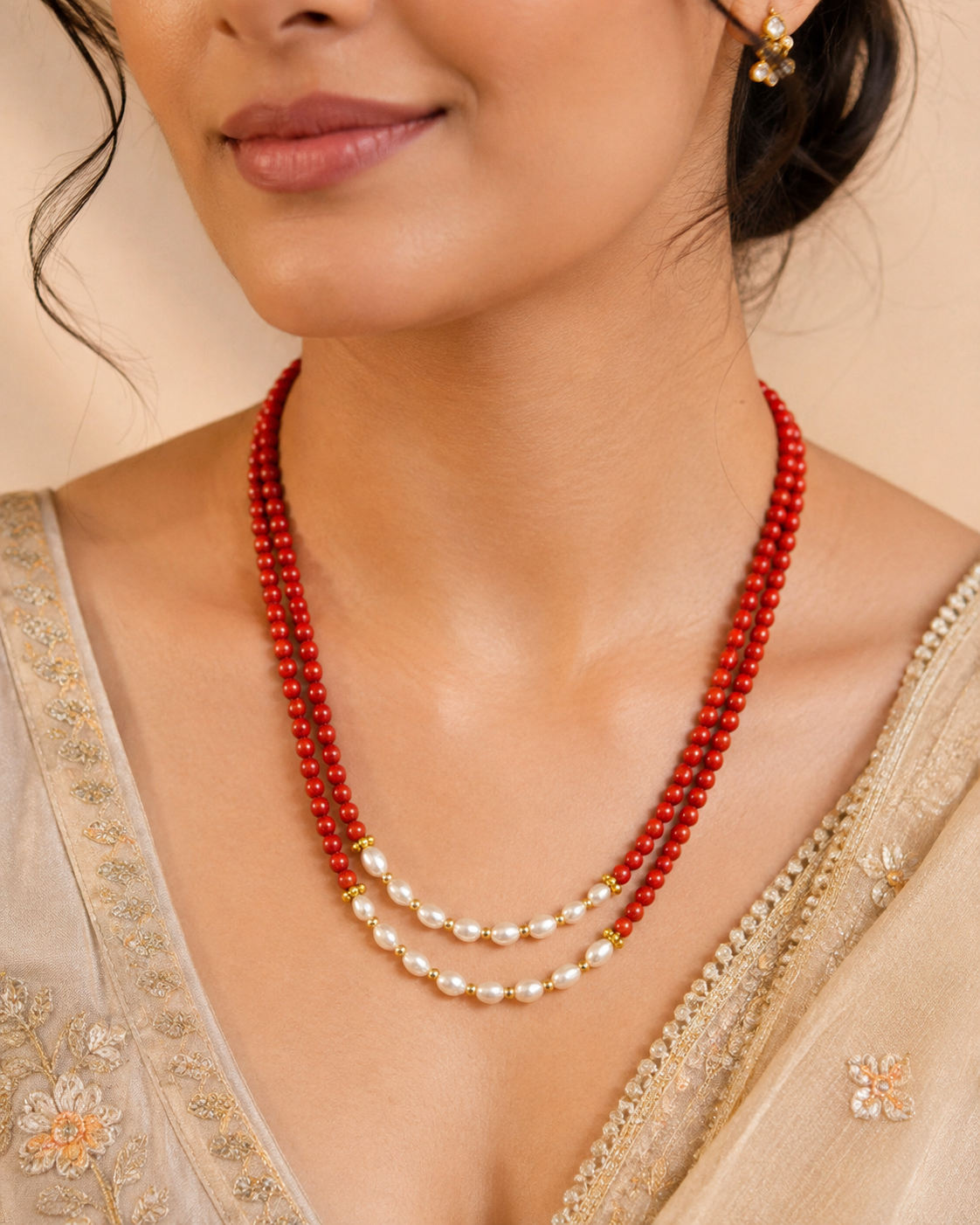 Coral & Pearl Crest Two-Layer Necklace – view 10 | Pathrohi