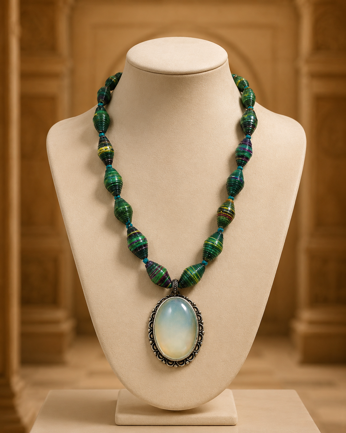 Angled view of Forest Moon Pendant Necklace handcrafted by Pathrohi