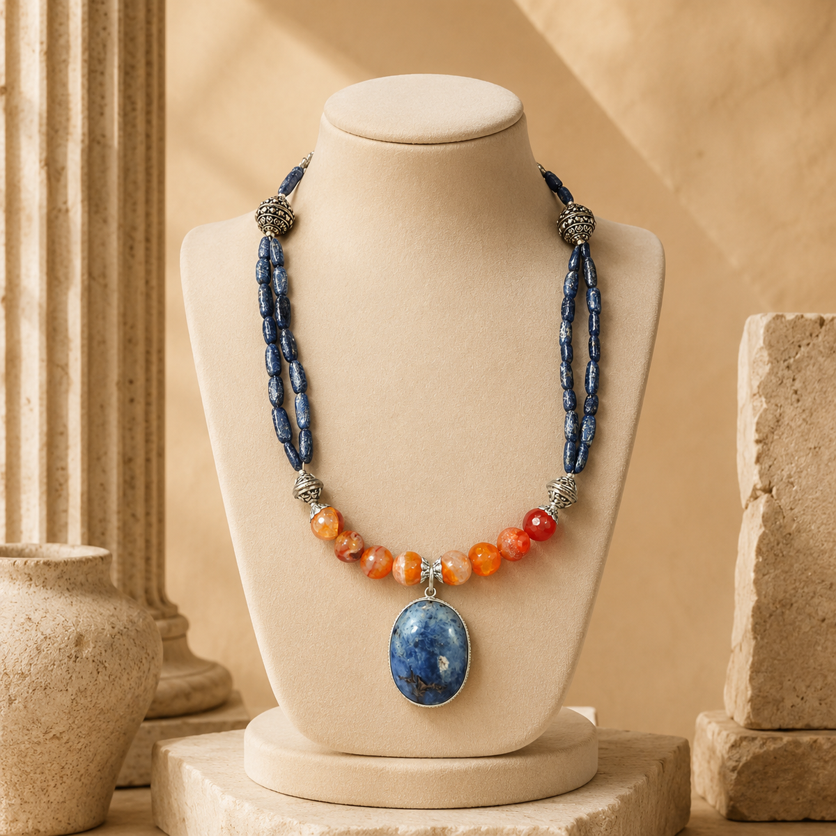 Full view of Blue & Orange Agate Oval Pendant Necklace showing necklace proportions