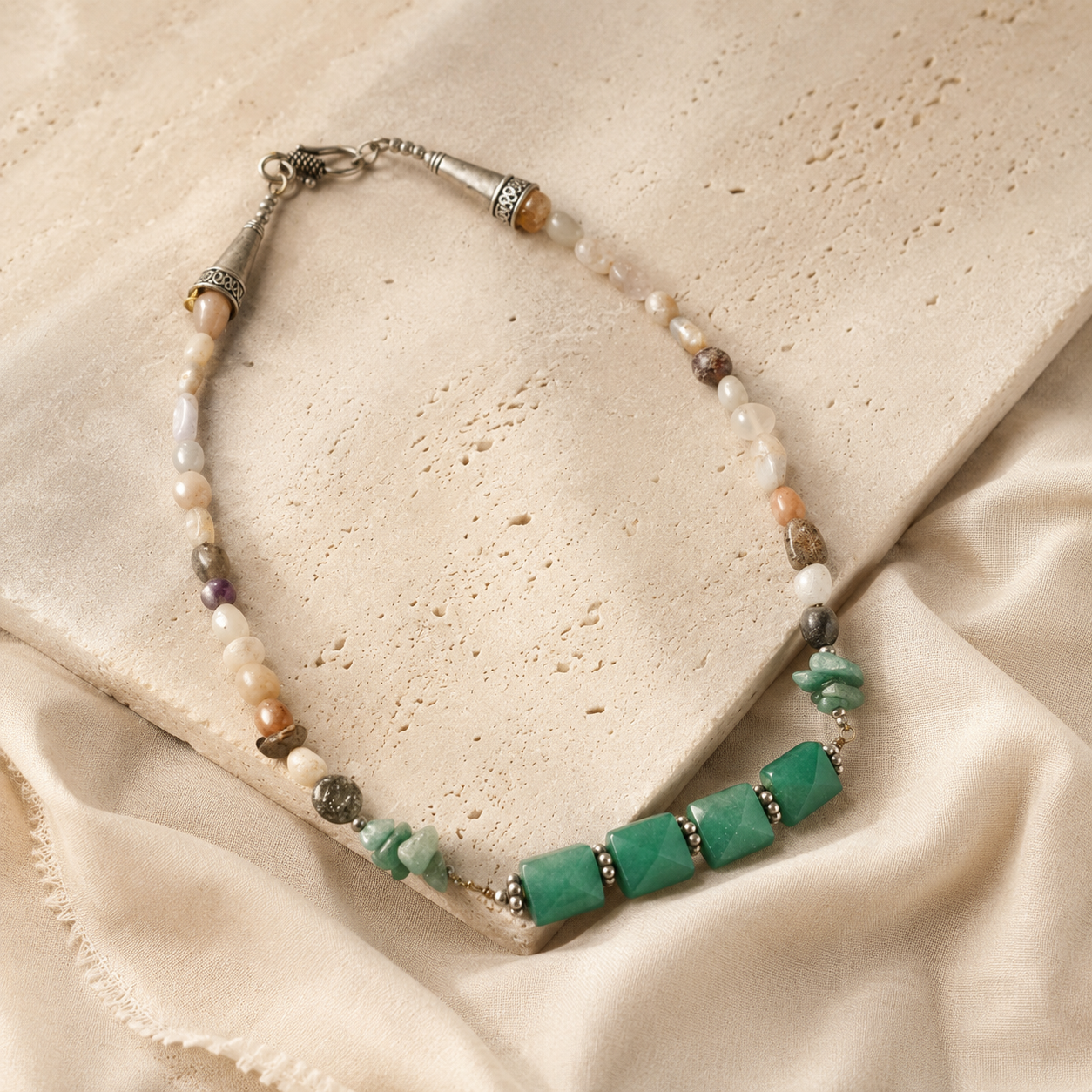 Angled view of Aventurine Mosaic Oxidised Necklace handcrafted by Pathrohi