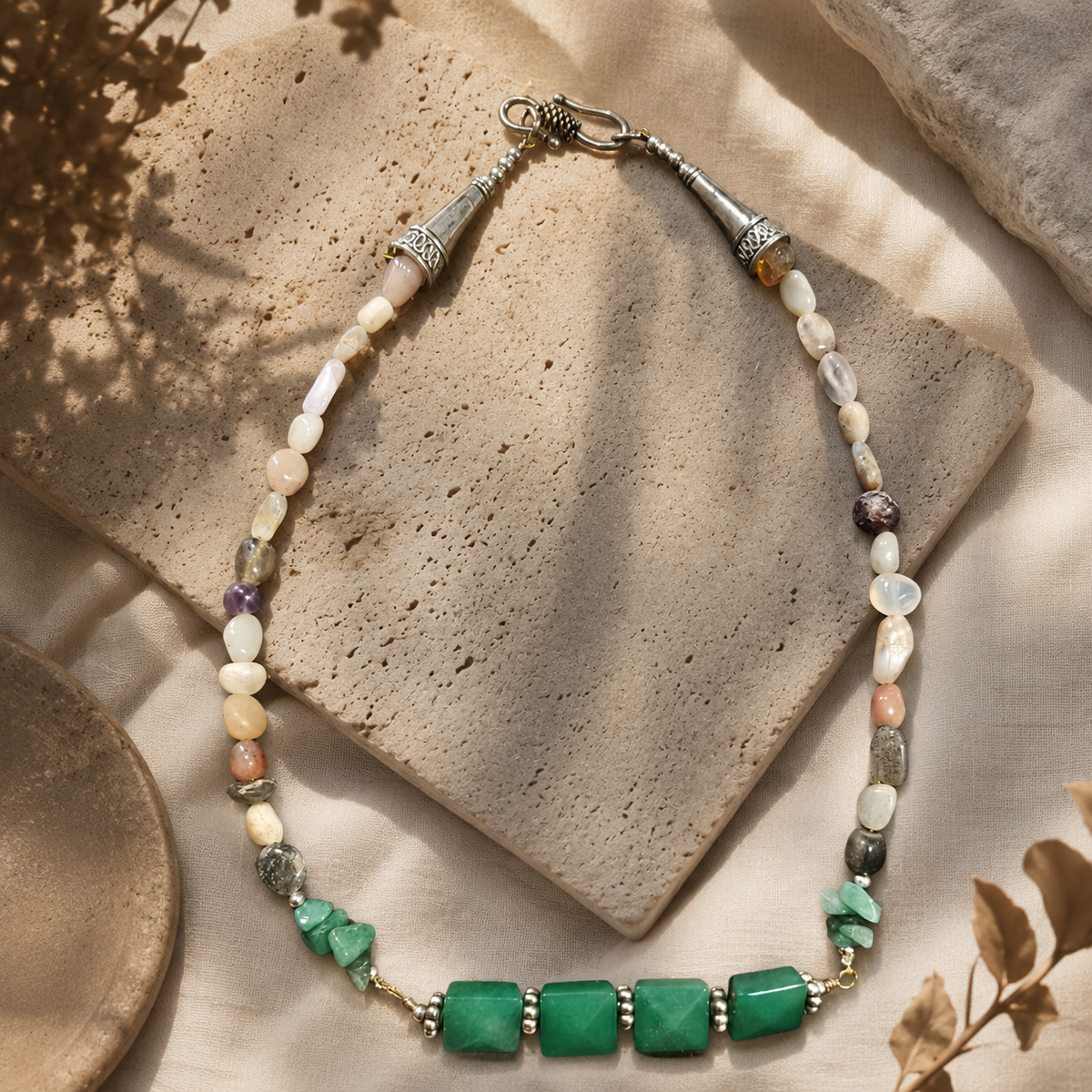 Additional styling view of Aventurine Mosaic Oxidised Necklace by Pathrohi