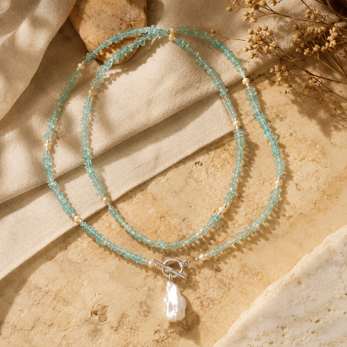 Additional detail view of Aqua Agate & Semi-Cultured Pearl Double-Strand Drop Necklace handcrafted by Pathrohi
