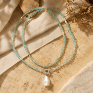 Additional detail view of Aqua Agate & Semi-Cultured Pearl Double-Strand Drop Necklace handcrafted by Pathrohi